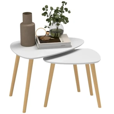 Image of HOMCOM Nesting Coffee Table, Set of 2 Side Tables, Stacking End Tables with Solid Wood Legs, for Living Room Bedroom, Light Grey