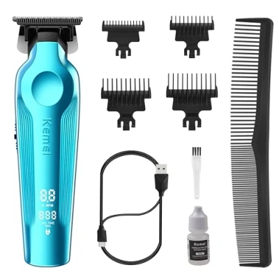 Image of KEMEI PRO Hair Trimmer for Men, Zero Gapped Cordless Clippers Barber with T Blade, Rechargeable LED Display, Blue