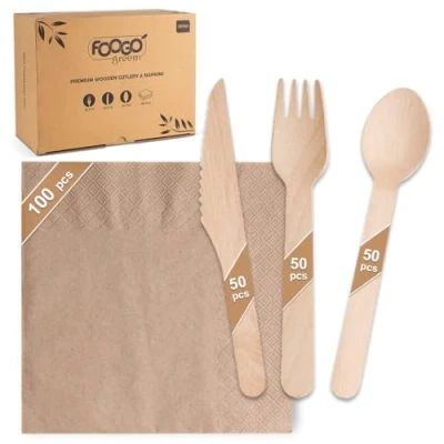 Image of FOOGO Green 250pcs Disposable Wooden Cutlery and Unbleached Brown Napkins, FSC® Certified, 50x Forks, Knives, Spoons,100x 2Ply Strong Paper Serviettes, Biodegradable Set
