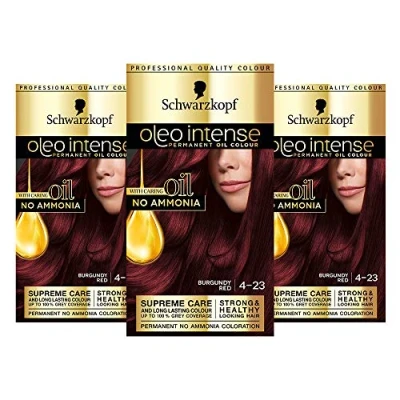 Image of Schwarzkopf Oleo Intense Red Hair Dye, 3 Pack Permanent Oil Colour, No Ammonia, Covers Greys, Burgundy 4 23