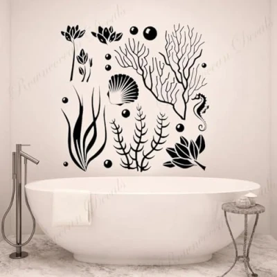 Image of YLLMNOBN Ocean Bubbles Seahorse Art Sticker Marine Life Fish Seaweed Wall Decal Vinyl Nautical Bathroom Home Decor