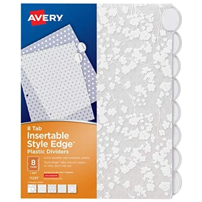 Image of AVERY Style Edge Insertable Floral Fashion Plastic Dividers, 8 Set, 1 Set (11291), Assorted Colors, 2.125&quot;x45.625&quot;x13.5625&quot;