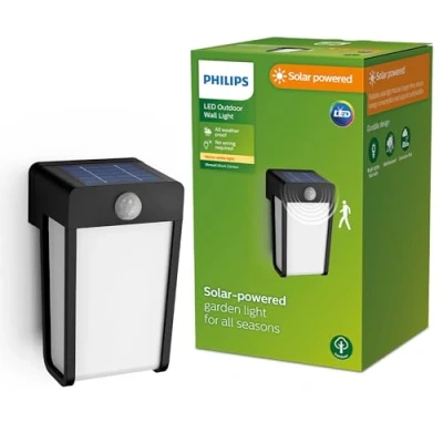 Image of PHILIPS Lighting Shroud Outdoor Solar Wall Light, 2.3W, 2700K, Black, Clear Glass, Motion Sensor, IP44 Weatherproof