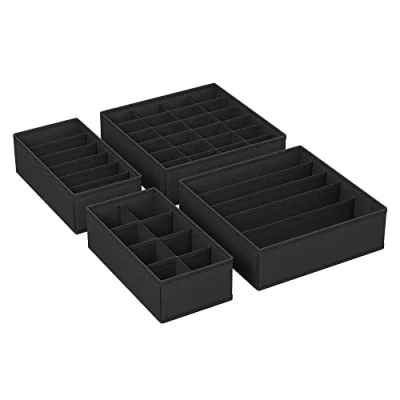 Image of SONGMICS Set of 4 Underwear Drawer Organisers, Dividers, Foldable, for Bras Undies Socks Ties, Fabric Storage Boxes Closet Wardrobe Shelves, Ink Black RUS04H
