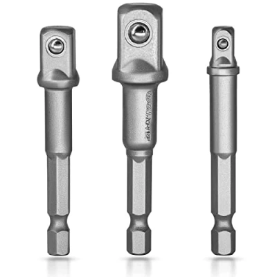 Image of S&amp;R Socket Adapter Set, 3 Part Spanner Set 1/4 inch, 1/2 3/8 inch Hex to Square, Chrome Vanadium, for Drills, Screwdrivers, Bit Holders (Light Grey)
