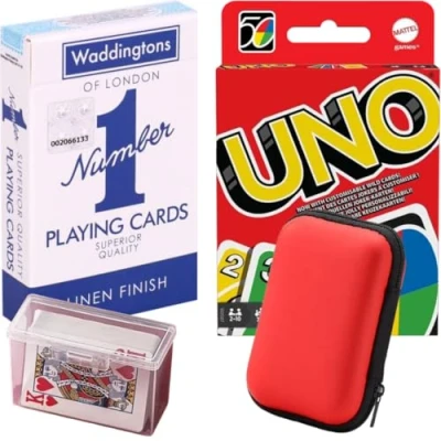 Image of G&amp;C PRODUCTS Uno Card Game &amp; Playing Cards + Case and Deck of Travel Games Set Kids Games, Family Game, Pack Cards, For Adults