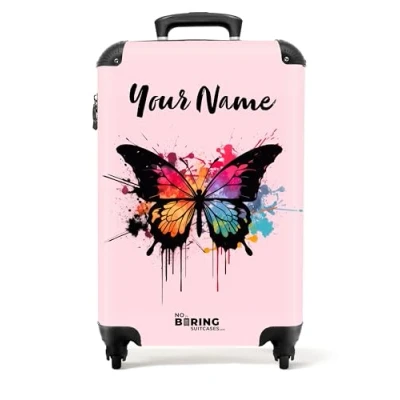 Image of NoBoringSuitcases.com® Children&#039;s Luggage Kids Suitcase Personalised Hand on Wheels Cabin Colourful Butterfly Pink 55x40x20cm Lightweight Hard Shell Trolley 20&quot; 10kg
