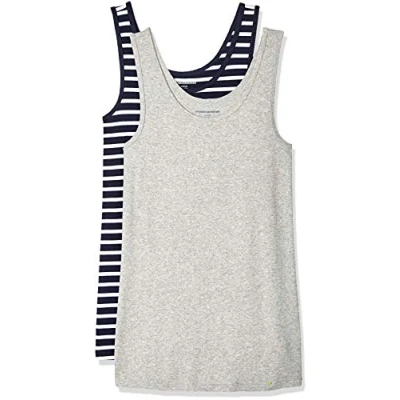 Image of Amazon Essentials Women&#039;s Slim fit Tank, Pack of 2, Light Grey Heather/Navy White Stripes, M