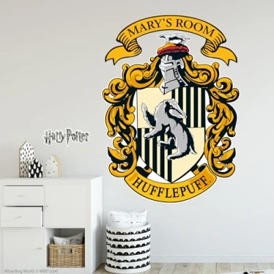 Image of Harry Potter Wall Sticker Hufflepuff Crest &amp; Personalised Name Decal Wizarding World Art (90cm Height x 65cm Width)