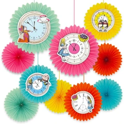 Image of Talking Tables 10 x Alice in Wonderland Party Decorations Bright Clock Fans Paper Hanging Decoration for Kids Birthdays, Mad Hatter Tea Decor, Onederland, Baby Shower