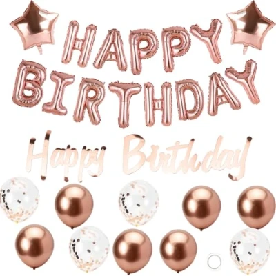 Image of Happy Birthday Balloons, Rose Gold Balloons Banner for Women Girls, Foil Self Inflating with Latex Confetti Birtyday Decorations.