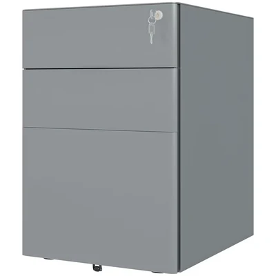 Image of Vinsetto Lockable File Cabinet with 3 Drawers, Steel Rolling Filing 5 Wheels and Pencil Case, Vertical Office Drawer for A4, Letter, Legal Size, Pre Assembled Body, Grey