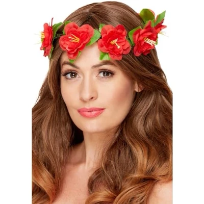Image of Smiffys Hawaiian Flower Crown, Red with Ribbon, Luau Fancy Dress, Dress Up Accessories