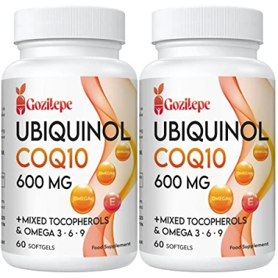 Image of Ubiquinol CoQ10 600mg Softgels with Omega 3, 6, 9 &amp; Vitamin E, 30 Servings Coenzyme Q10 (Active Antioxidant Form) for Higher Absorption, Heart Health Energy Production, 60 Count(Pack of 2)