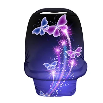 Image of Binienty Durable Fabric Car Seat Cover for Babies Boys Girls, Stretch Infants Carseat Canopy, Shiny Purple Butterfly Print, Baby Shower Gifts
