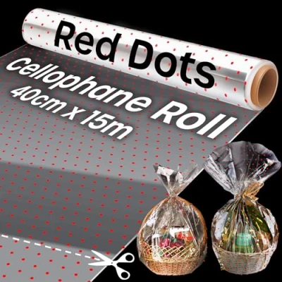 Image of 15m Christmas Cellophane Wrap, Wrap for Hampers, Clear with Red Dot Design Xmas, Roll Gift Baskets and Gifts, (40cm Wide)