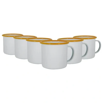 Image of 6x Yellow 375ml White Enamel Mugs By Argon Tableware