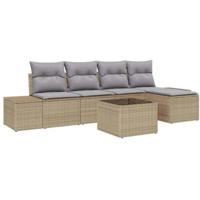 Image of vidaXL 6 Piece Garden Sofa Set with Cushions Black Poly Rattan