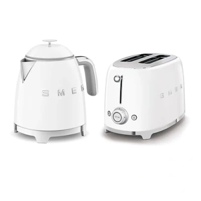 Image of Smeg 50’s Style Retro Range Breakfast Set, 0.8L 1400W Mini Kettle and Multi Functional Control 2 Slice 950W Toaster, White, KLF05WHUK/ TSF01WHUK