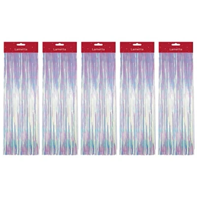 Image of SRV Hub® Pack of 5 Iridescent Christmas Hanging Foil Lametta, Holographic Xmas Lametta Window Wall Party Decoration, Holiday Size 50cm (Holographic Lametta)