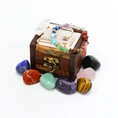 Image of Nvzi Crystals and Healing Stones Set in Wooden Display Box, Gemstones Kit, 7 Chakra Stones, Spiritual Gifts for Women, Witchcraft Supplies Tools, Raw Beginners