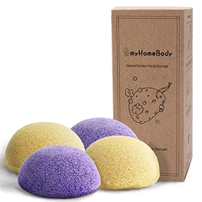 Image of myHomeBody Natural Konjac Facial Sponges for Gentle Face Cleansing and Exfoliation (Turmeric Yellow, Violet Lavender)