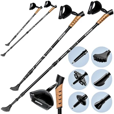 Image of SPORTANA® Set of 2 Telescopic Trekking Poles 5 Attachments Hiking Gear Multi Surface Cork Handles Anti Shock Suspension Nordic Hill Walking Sticks Grey
