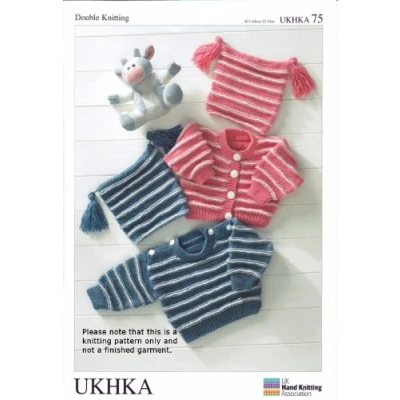 Image of Baby Double Knitting DK Pattern UKHKA 75 Striped Sweater Cardigan &amp; Tassel Hat
