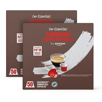 Image of by Amazon Espresso Coffee Capsules Nespresso Compatible, Medium Roast, 100 Count (2 Packs of 50) Rainforest Alliance Certified