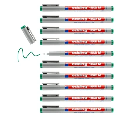 Image of edding 152 M non permanent pen green 10 pens round nib 1 mm for writing on glass, plastic, foils and smooth surfaces quick drying, can be corrected with water