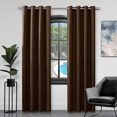 Image of GC GAVENO CAVAILIA Faux Silk Eyelet Curtains For Living Room, 100% Polyester Ring Top Fully Lined Drapes, Choco, 66x90 Inch