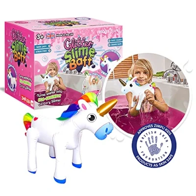 Image of Glitter Slime Baff Pink with Inflatable Unicorn, 1 Bath or 4 Play Uses, Magically turns water into gooey, colourful slime, Unicorn Toys for Girls, Multi Sensory Toy Children, Making Kit