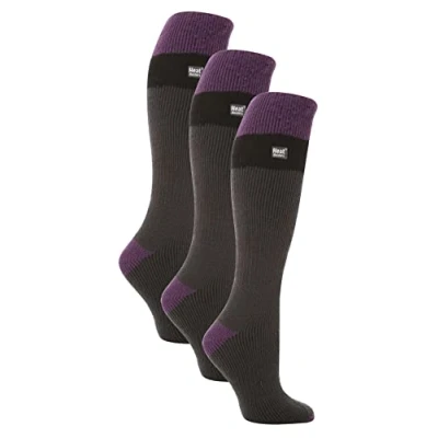 Image of HEAT HOLDERS 3 Pack Ladies Thermal Knee High Ski Socks WoMens Thick Winter 2.3 TOG Long Skiing (4 8, Charcoal/Purple)