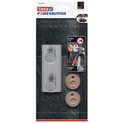 Image of tesa Powerbutton Classic Double Hook Self Adhesive Round Chrome Plated Metal Bathroom Towel Holder Max Load 12 Kg