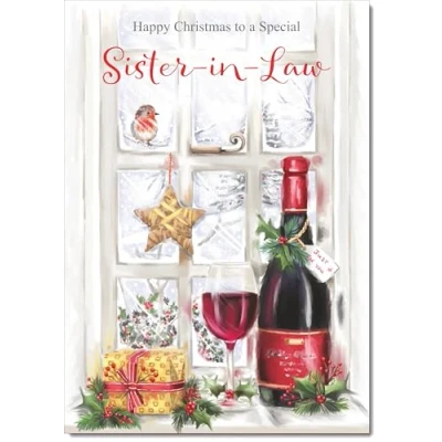 Image of doodlecards Sister in Law Christmas Card Red Wine Bottle Medium Size for with Plain Envelope