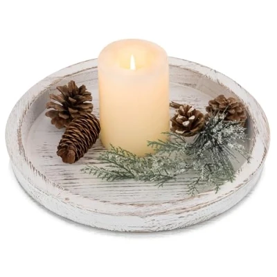 Image of Hanobe Wooden Coffee Table Tray: Round Decorative Wood Serving Tray Rustic White Centerpiece Candle Holder Trays Farmhouse Ottoman for Decor Kitchen Counter Home