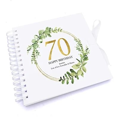 Image of Personalised 70th Birthday Gift for her Scrapbook Photo Album Gold Wreath