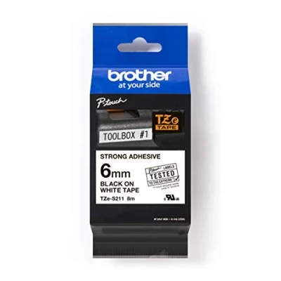 Image of Brother TZe S211 Labelling Tape Cassette, Black on White, 6mm (W) x 8M (L), Strong Adhesive, Genuine Supplies