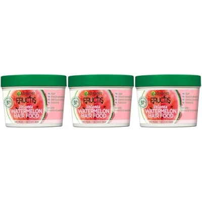 Image of Garnier Fructis Hairfood Watermelon Hair Mask, 3 in 1 Care, Treatment, Shining Leave Conditioner Hair, Vegan, with Glycerin Coconut Oil, Sunflower Pomegranate (3 x