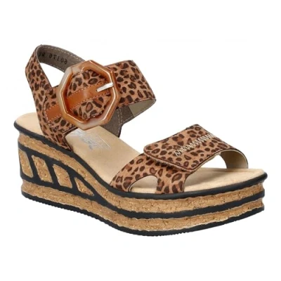 Image of Rieker 68176 90 Brown Leopard Womens Wedge Heel Sandals 6