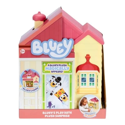 Image of Bluey Play Date Plush Surprise, Decorate House With Stickers, Attach the Time Sign, Then Open Door for a Surprise to Appear, Which Will You Get?