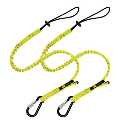 Image of BearTOOLS Tool Lanyard with Buckle Strap Clip Bungee Cord Heavy Duty Screw Locking Carabiner Fall Protection and Safety Adjustable Loop End Tough Tether Construction 2PK (Yellow 0922YS)