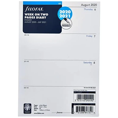 Image of Filofax A5 Week on Two Pages English mid Year Diary August 20 July 21