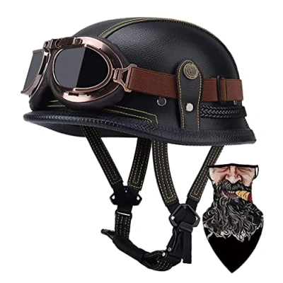 Image of DIRERTYS Motorcycle Half Helmet,Motorcycle German Leather Face Helmet, DOT/ECE Approved Cap Shell Helmet+Goggles Retro Open Helmet with Adjustable Quick Release Buckle, XXL 61 62CM