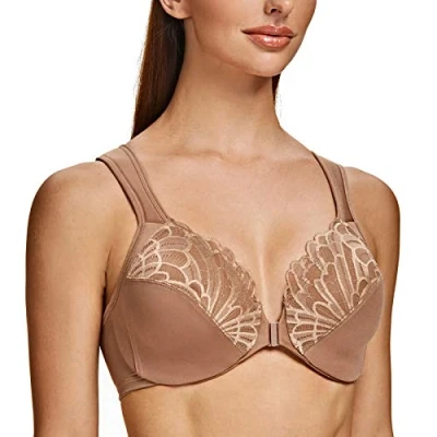 Image of MELENECA Front Fastening Bras for Women Plus Size Underwire Unlined Lace Cup Cushion Strap Brown 34F