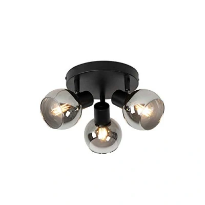 Image of Qazqa Ceiling Lamp I Flush Light Black 35 cm with Smoke Glass 3 Way Vidro Art Deco Suitable for LED E14 Surface Mounted spotway Livi