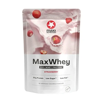 Image of MaxiNutrition MaxWhey Whey Protein Powder Strawberry Low Fat Sugar Gluten &amp; Soy Free Vegetarian 420g 113 kcal per Serving 14 Servings