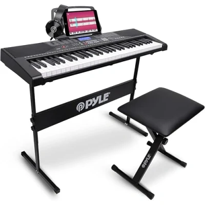 Image of Pyle 61 Keys 2 in 1 Play and Sing Along Portable Electronic Piano Keyboard with Weatherproof Case Bag, Stool, Stand, Black
