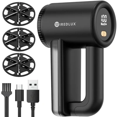 Image of Electric Lint Remover WiredLux Rechargeable Fabric Shaver Bobble for Clothes &amp; Furniture Adjustable 3 Speed, 6 Leaf Blade, LED Display, USB Charging Debobbler with Dual Protection (Blue)
