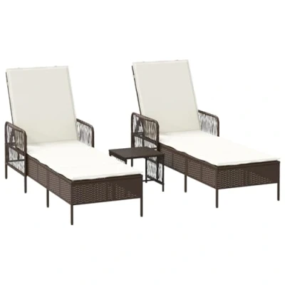 Image of vidaXL Padded Sun Lounger Set, Brown and Cream White, Outdoor Seating, Foldable, Adjustable Armrests for Patio, Balcony, Garden, with Table, Lounge Chairs, Sunbathing Chair, Seat, UV Resistant